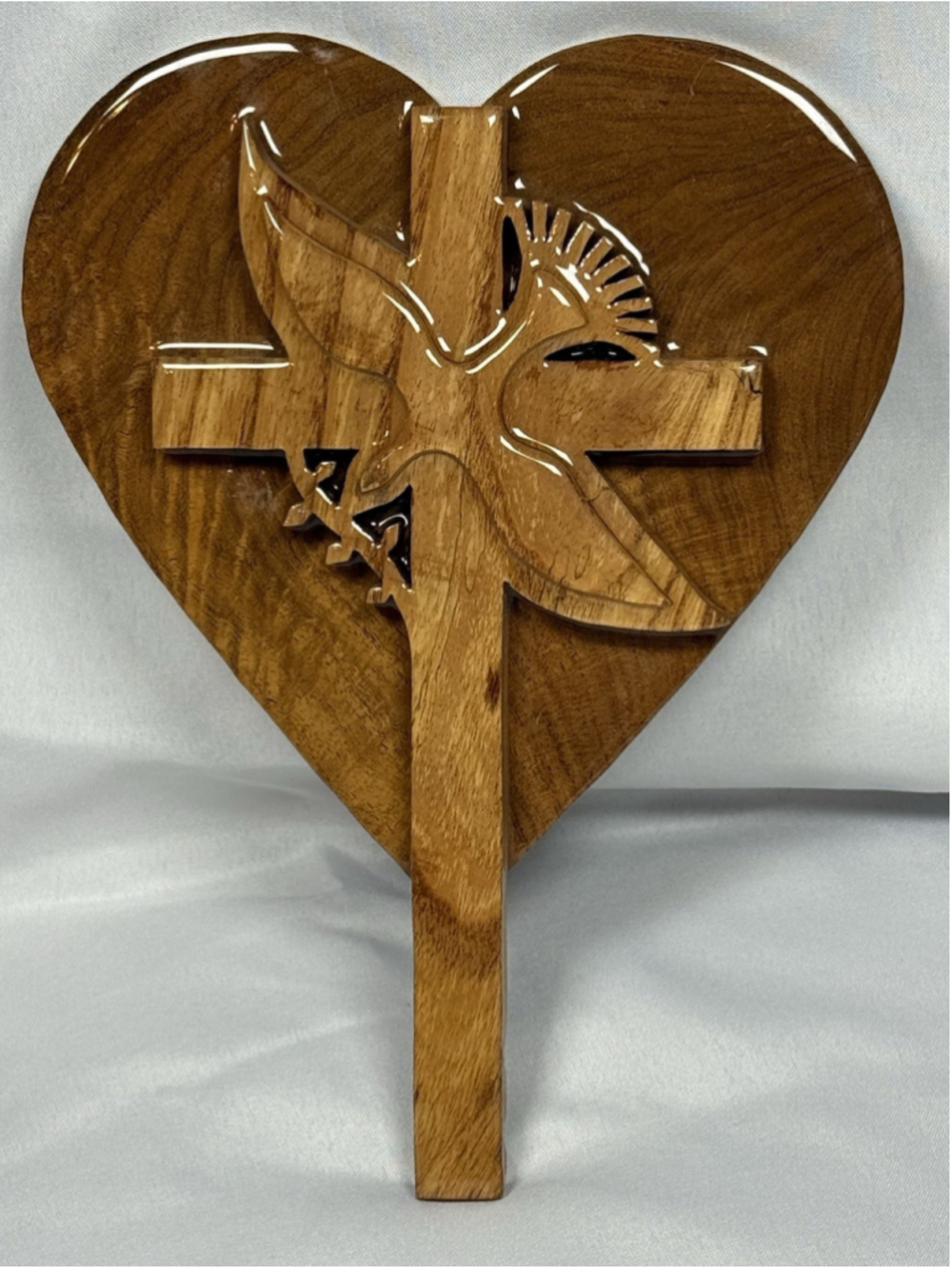Mesquite Wood Burl & China Berry Cross Dove Heart 3D Religious Handcrafted